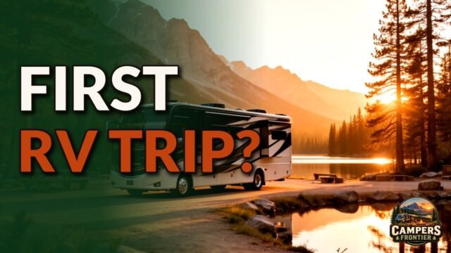 Class A motorhome parked at a lakeside campground at sunset with mountains behind, with the words First RV Trip? and the Campers Frontier logo