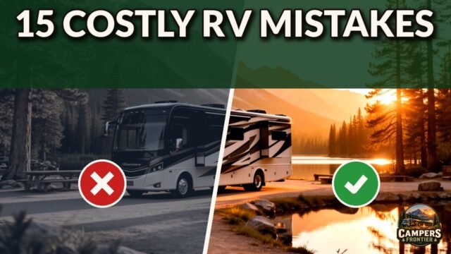 Side-by-side photo: a motorhome in a gray campground marked with a red X next to a motorhome at a sunny lakeside site marked with a green check, under the words 15 Costly RV Mistakes and the Campers Frontier logo