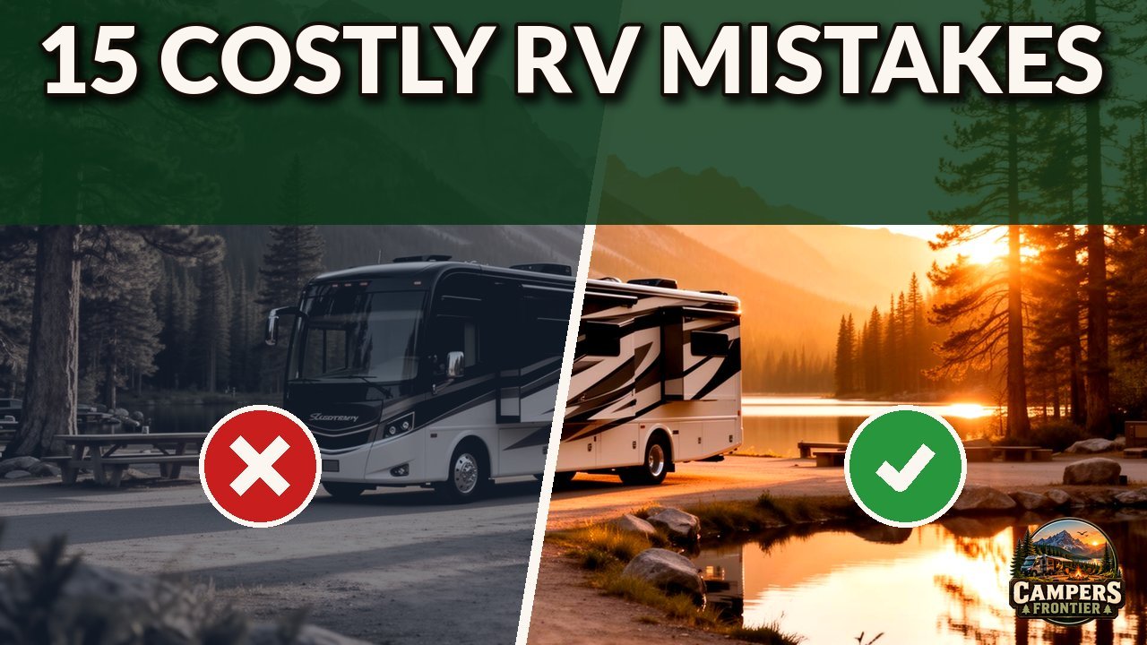 Side-by-side photo: a motorhome in a gray campground marked with a red X next to a motorhome at a sunny lakeside site marked with a green check, under the words 15 Costly RV Mistakes and the Campers Frontier logo